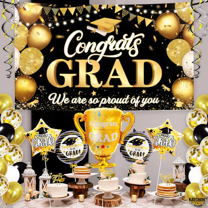 KatchOn, Graduation Decorations 2026 Set - Large, Pack of 49 | Black and Gold Congrats Grad Banner, Graduation Balloons | Graduation Backdrop, Black and Gold 2026 Graduation Decorations