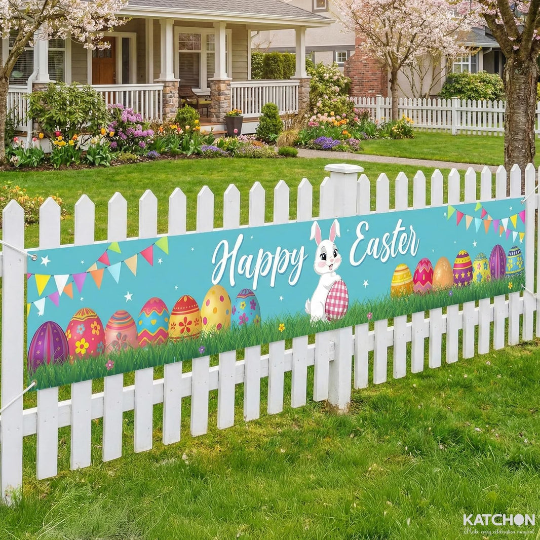 katchon happy easter banner for outside xtralarge 120x20 inch outdoor easter decorations for home easter outdoor decorations happy easter yard banner for easter decor spring decorations