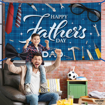 KatchOn, Blue Happy Fathers Day Banner Backdrop - XtraLarge, 72x44 Inch | Blue Happy Fathers Day Decorations for Party | Happy Father's Day Backdrop for Party | I Love You Dad Banner