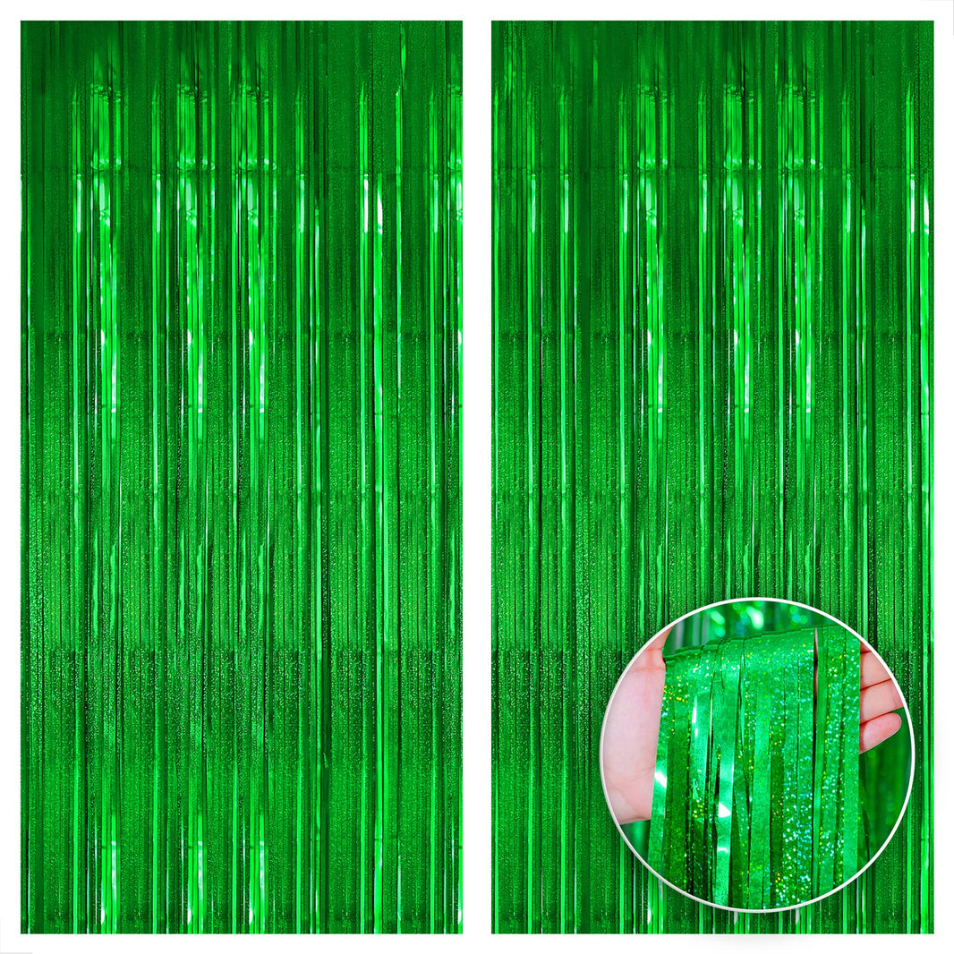 KatchOn, XtraLarge Iridescent Green Streamers Party Decorations - 3.2x8 Feet, Pack of 2 | Fringe Backdrop for Jungle or Dinosaur Birthday | Green Party Decorations | Graduation Decorations 2025