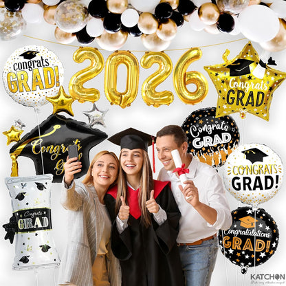 Graduation Decorations 2026 Graduation Balloons Set - Pack of 11 | Big, 28 Inch, Grad Cap Balloon | Gold 2026 Balloons, Class of 2026 Decorations | Congrats Grad Balloon | KatchOn