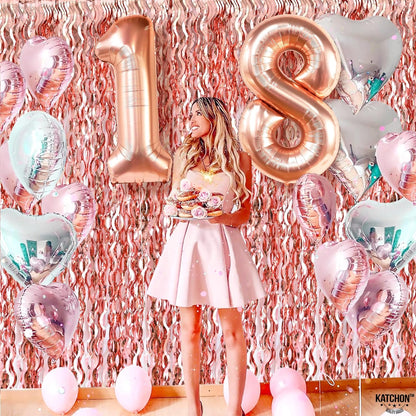 KatchOn XtraLarge Wavy Rose Gold Fringe Backdrop - 6.4x6.5 Feet Rose Gold Fringe Pack of 2 | Wine Bachelorette Party Decorations | Rose Gold Party Decorations, Rose Gold Birthday Decorations for Women