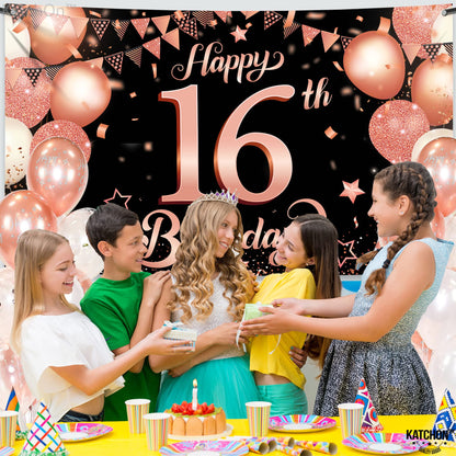 KatchOn, Rose Gold Happy 16th Birthday Banner - Big 72x44 Inch | Sweet 16 Banner, Sweet 16 Party Decorations | Sweet 16 Backdrop, 16th Birthday Decorations for Girls | Sweet 16 Birthday Decorations