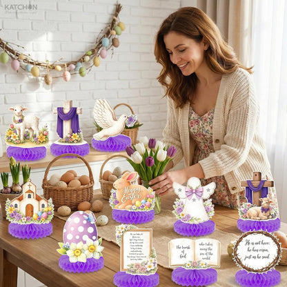 katchon huge easter centerpieces for tables pack of 12 he is risen decorations with bunny and jesus happy easter decorations for home honeycomb easter decor