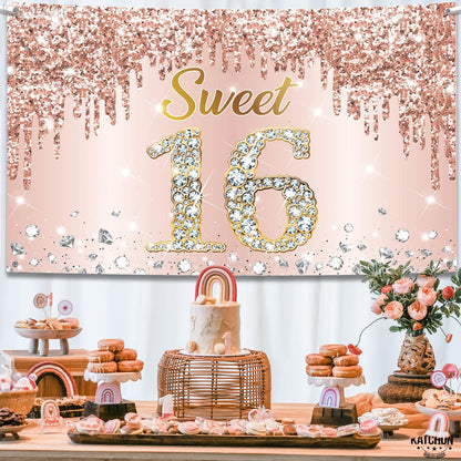 KatchOn, Rose Gold Sweet 16 Banner - Large, 72x44 Inch | Sweet 16 Party Decorations | Sweet 16 Backdrop for Sweet 16 Birthday Decorations | Sweet 16 Birthday Banner, Sweet Sixteen Party Decorations