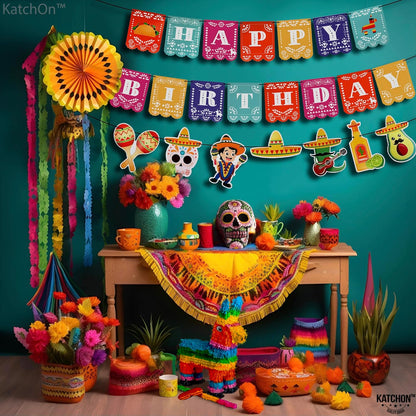 KatchOn, Fiesta Happy Birthday Banner - 15 feet, 3 String | Cinco De Mayo Theme, Mexican Fiesta Pinata Sombrero Garland for Mexican Birthday Party Decorations | Mexican Banner Fiesta Party Decorations