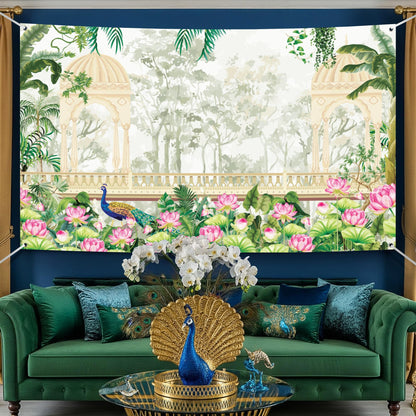 KatchOn, Peacock Photo Backdrop - 7.5×5 feets | Peacock Party Decorations | Mandir Backdrop, Indian Traditional Banner for Navratri, Durga Puja, Wedding, Housewarming Pooja | Happy Diwali Banner