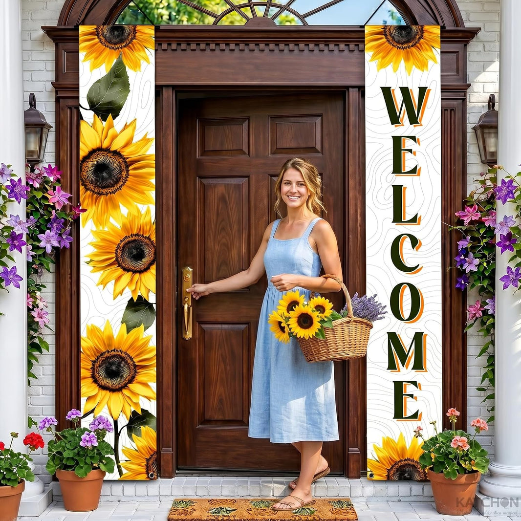 KatchOn Sunflower Welcome Hanging Door Banners 120x20 Inch | NO DIY, Summer Party Decorations, Sunflower Porch Decor, Outdoor Party Decorations, Hanging Decorations for Front Door