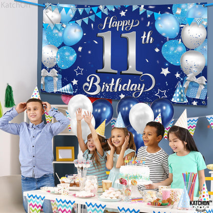 KatchOn, Blue and Silver 11th Happy Birthday Banner - Large, 72x44 Inch | 11th Backdrop Banner for Happy Birthday Decorations | Party Decorations for Boys, 11 Birthday Decorations for Boys