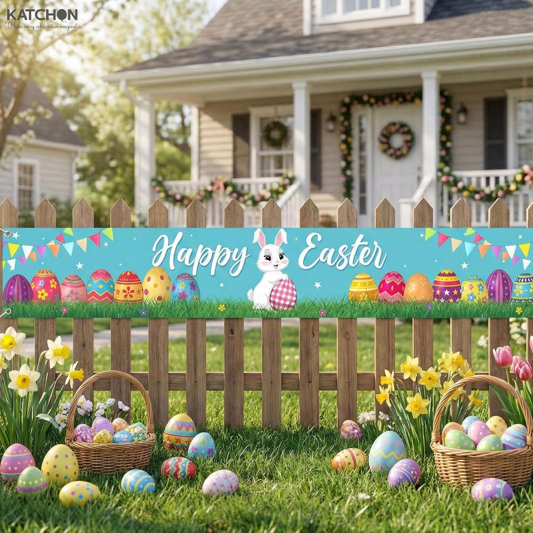 katchon happy easter banner for outside xtralarge 120x20 inch outdoor easter decorations for home easter outdoor decorations happy easter yard banner for easter decor spring decorations