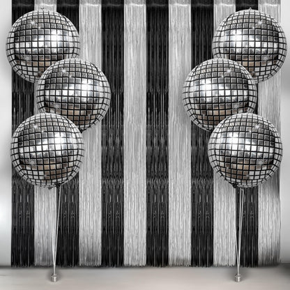 KatchOn, Disco Party Decorations Set - Huge, Pack of 8 | 4D Disco Ball Balloons, Black and Silver Fringe Backdrop Curtain for Bachelorette Party Decorations, New Year, Birthday, Wedding, Anniversary