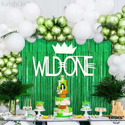 KatchOn Iridescent Green Streamers Backdrop - 6.4x8 Feet, Pack of 2 | Green Birthday Decorations | Green Backdrop, Jungle Party Decorations | St Patricks Day Backdrop for St Patricks Day Decorations