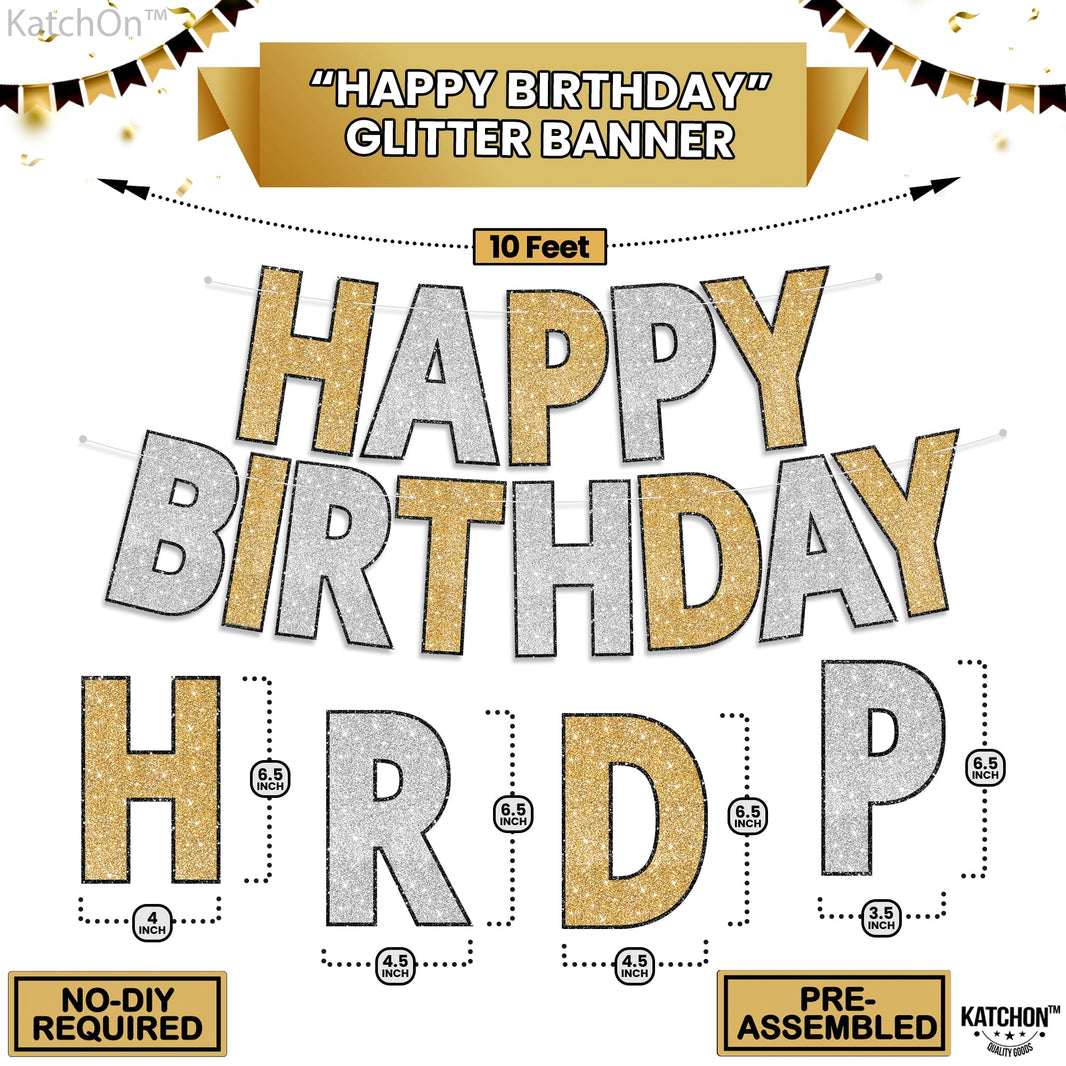 KatchOn, Gold and Silver Happy Birthday Banner - 10 Feet, Pre-Assembled | Birthday Decorations for Women and Girls | Hbd Backdrop Banner for Gold and Silver Party Decorations