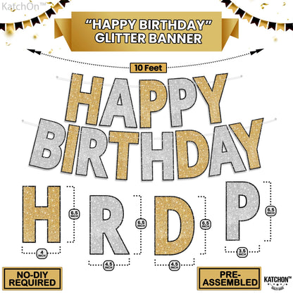 KatchOn, Gold and Silver Happy Birthday Banner - 10 Feet, Pre-Assembled | Birthday Decorations for Women and Girls | Hbd Backdrop Banner for Gold and Silver Party Decorations