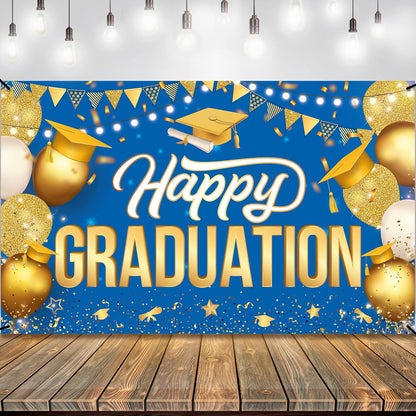 Katchon, Happy Graduation Banner Gold and Blue - Xtralarge, 72x44 Inch | Graduation Backdrop 2026, Graduation Decorations Class of 2026 | Congratulations Banner for 2026 Graduation Party Decorations