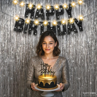 KatchOn, Black and Silver Birthday Decorations Set - Pack of 5 | Glitter Happy Birthday Banner, Silver Backdrop, Led Light, Cake Topper | Happy Birthday Decorations for Men | Halloween Decorations
