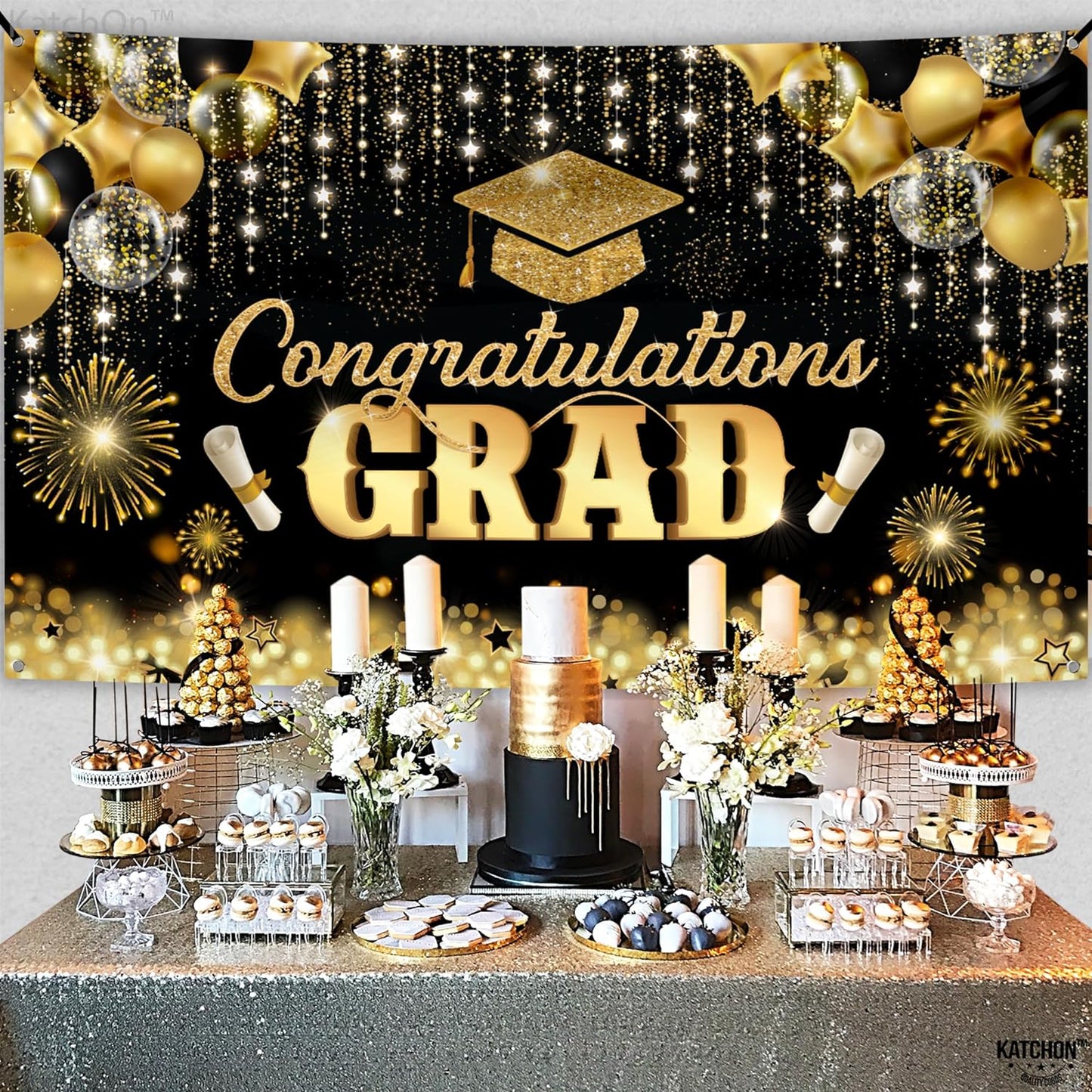 KatchOn, Congratulations Grad Banner - Large, 72x44 Inch | Glitter Black and Gold Graduation Backdrop, Graduation Decorations Class of 2024 | Congratulations Banner, 2024 Graduation Party Decorations