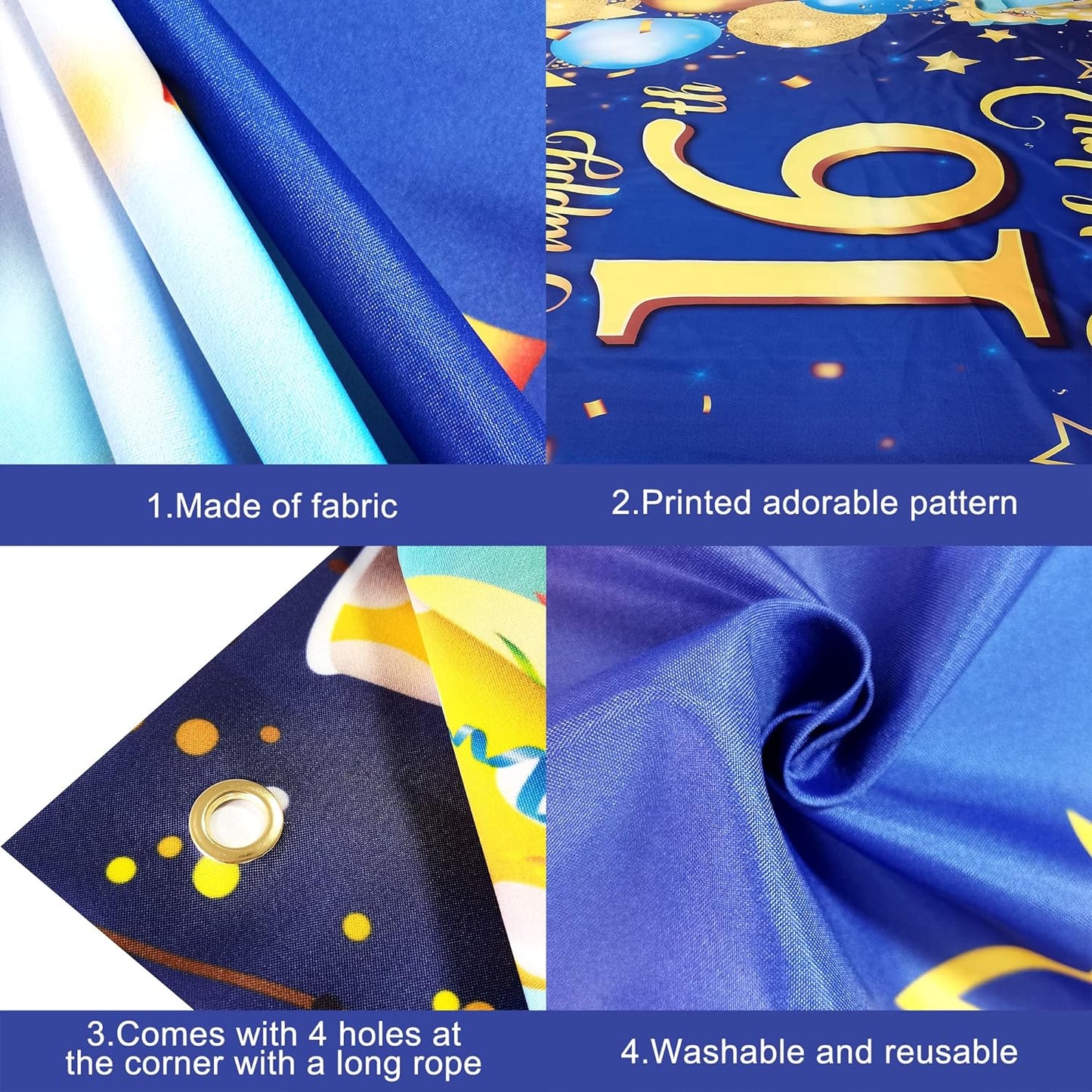 KatchOn, Blue and Gold Happy 16th Birthday Banner - XL, 72x44 Inch | Blue 16th Birthday Backdrop, 16th Birthday Party Supplies, 16 Year Old Boy Birthday Decorations, 16th Birthday Decorations for Boys