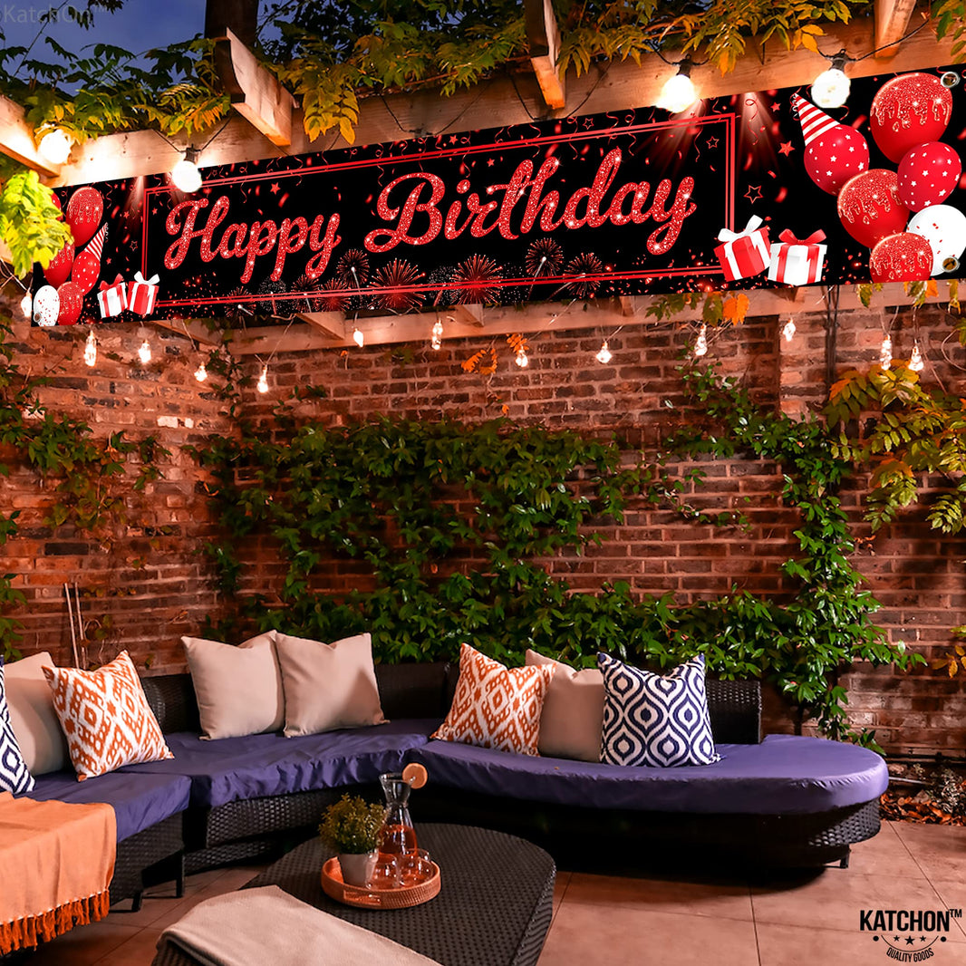 KatchOn, Black and Red Happy Birthday Yard Banner - XtraLarge, 120x20 Inch | Birthday Decorations for Women, Men | Happy Birthday Yard Banner For Black and Red Party Decorations | Casino Birthday Decorations