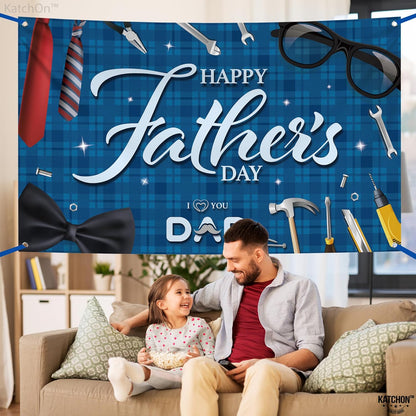 KatchOn, Blue Happy Fathers Day Banner Backdrop - XtraLarge, 72x44 Inch | Blue Happy Fathers Day Decorations for Party | Happy Father's Day Backdrop for Party | I Love You Dad Banner