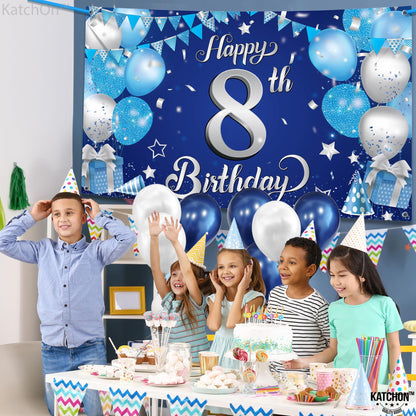 KatchOn, XtraLarge Silver and Blue Happy 8th Birthday Banner - 72x44 Inch | 8th Backdrop for Happy Birthday Decorations | Blue and Silver Party Decorations