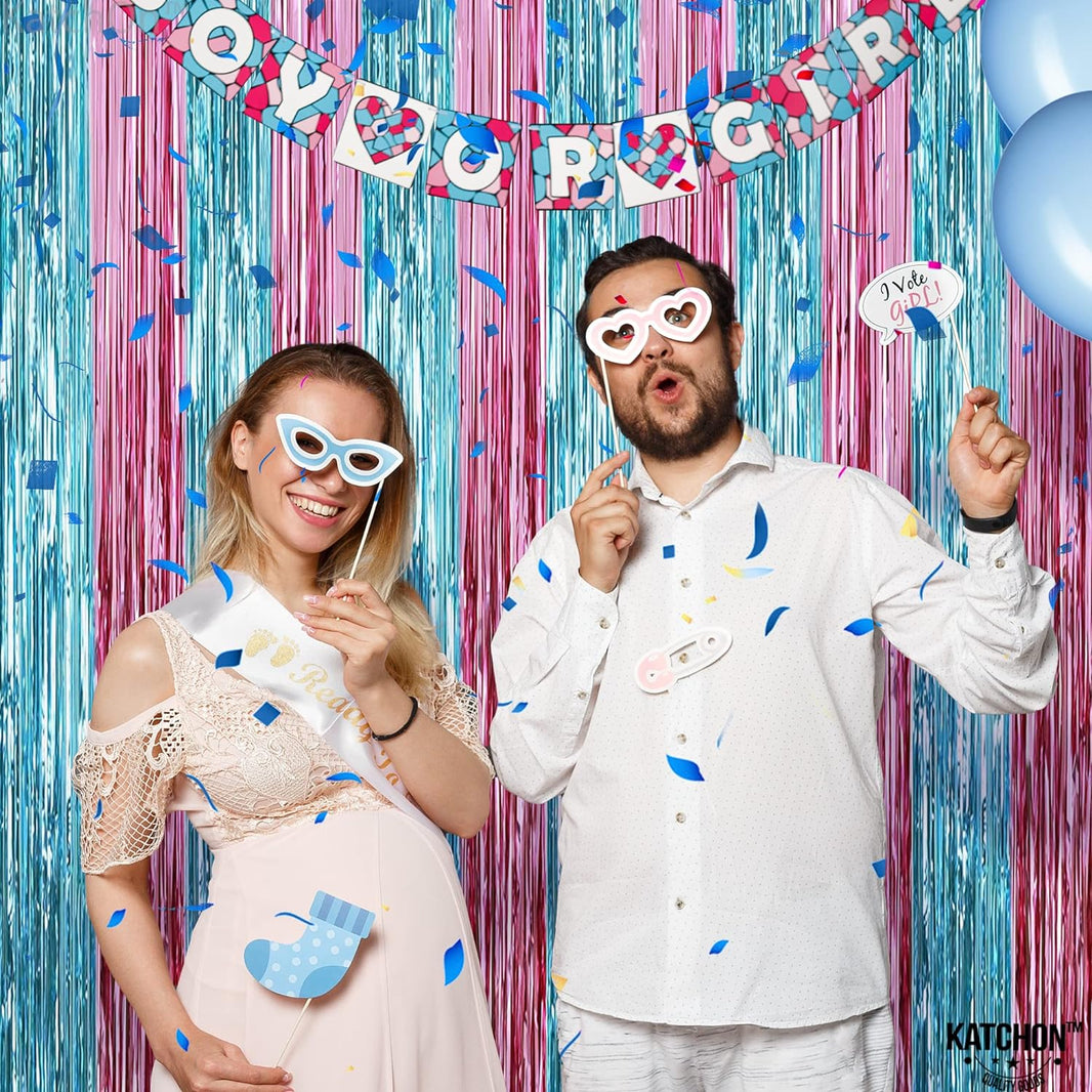 KatchOn, XtraLarge Pink and Blue Streamers - 8x3.2 Feet, Pack of 2 Gender Reveal Decorations | Baby Gender Reveal Backdrop Boy or Girl | Pink and Blue Backdrop for Pink and Blue Party Decorations