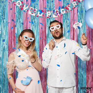 KatchOn, XtraLarge Pink and Blue Streamers - 8x3.2 Feet, Pack of 2 | Gender Reveal Decorations | Baby Gender Reveal Backdrop Boy or Girl | Pink and Blue Backdrop for Pink and Blue Party Decorations