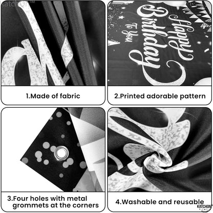 KatchOn, Black and White Happy Birthday Banner - Large, 72x44 Inch | Black and Silver Happy Birthday Banner for Women | Black White Silver Happy Birthday Decorations for Mens, Birthday Party Supplies