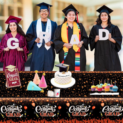 KatchOn, Orange and Black Graduation Tablecloth - XtraLarge 108x54 Inch, Pack of 3 | Congrats Grad Tablecloth, 2024 Graduation Party Decorations | Black and Orange Graduation Decorations Class of 2024