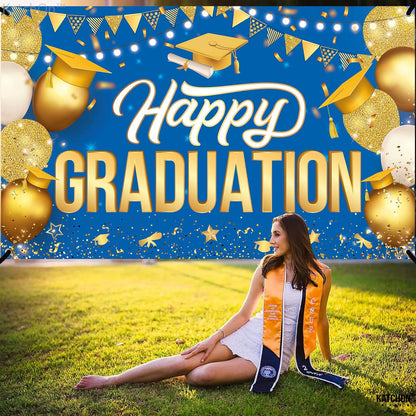 Katchon, Happy Graduation Banner Gold and Blue - Xtralarge, 72x44 Inch | Graduation Backdrop 2026, Graduation Decorations Class of 2026 | Congratulations Banner for 2026 Graduation Party Decorations
