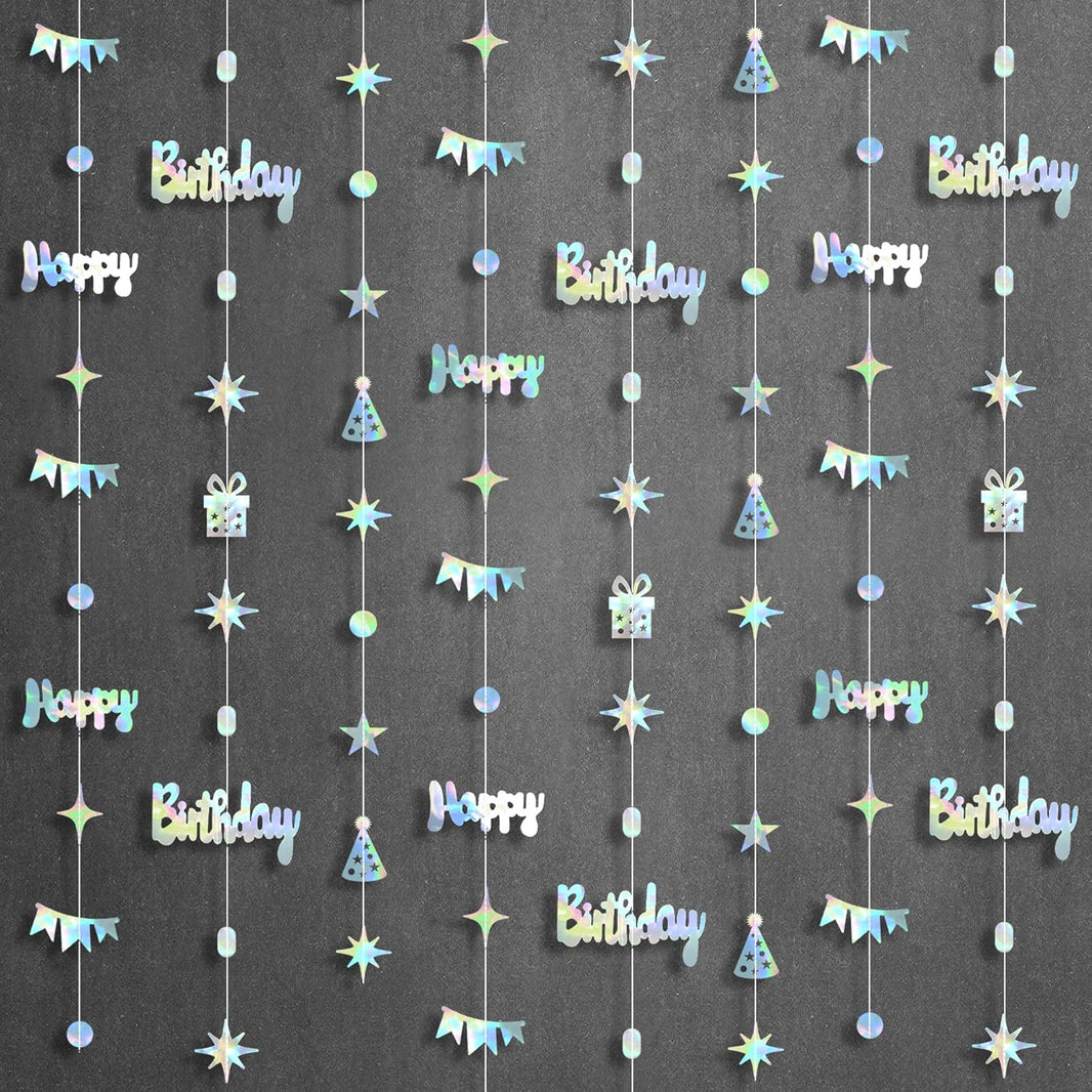 KatchOn, Iridescent Happy Birthday Garland Banner - 6.5 Feet, Pack of 8 | Silver Hanging Garland For Happy Birthday Decorations | Disco Theme Party Decorations | No DIY