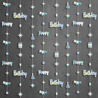 KatchOn, Iridescent Happy Birthday Garland Banner - 6.5 Feet, Pack of 8 | Silver Hanging Garland For Happy Birthday Decorations | Disco Theme Party Decorations | No DIY