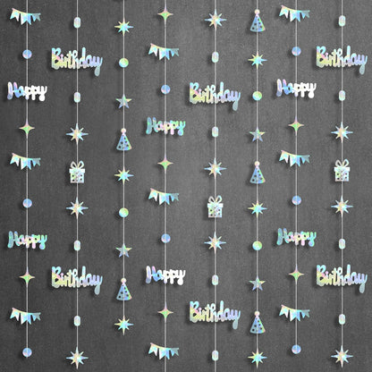 KatchOn, Iridescent Happy Birthday Garland Banner - 6.5 Feet, Pack of 8 | Silver Hanging Garland For Happy Birthday Decorations | Disco Theme Party Decorations | No DIY