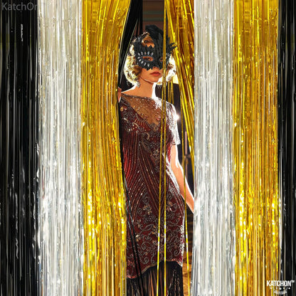 KatchOn, XtraLarge Silver Black and Gold Backdrop - 8x3.2 Feet, Pack of 2 | Black Gold and Silver Party Decorations |Graduation Decorations, The Notorious One Birthday Decorations for Boys