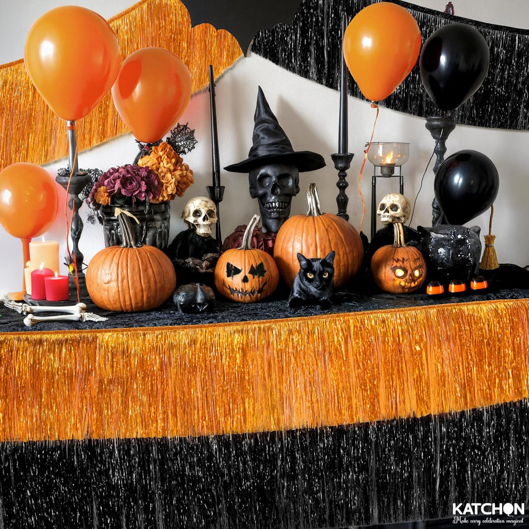 KatchOn, XtraLarge Black and Orange Fringe Banner - 6.5 Ft, Pack of 2 | Halloween Tinsel Garland for Halloween Decorations, Orange and Black Party Decorations | Foil Fringe Garland for Birthday Party