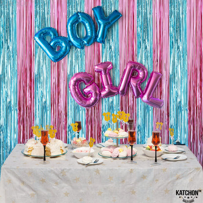 KatchOn, XtraLarge Pink and Blue Streamers - 8x3.2 Feet, Pack of 2 | Gender Reveal Decorations | Baby Gender Reveal Backdrop Boy or Girl | Pink and Blue Backdrop for Pink and Blue Party Decorations