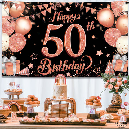 KatchOn, Rose Gold 50th Birthday Banner - XtraLarge 72x44 Inch | 50th Birthday Decorations For Women | Hbd Banner for Rose Gold Party Decorations