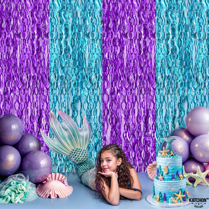 KatchOn, Large Wavy Purple and Blue Fringe Curtain - Pack of 2 | Mermaid Birthday Decorations, Beach Party Decorations | Purple and Blue Foil Fringe for Under The Sea Party Decorations