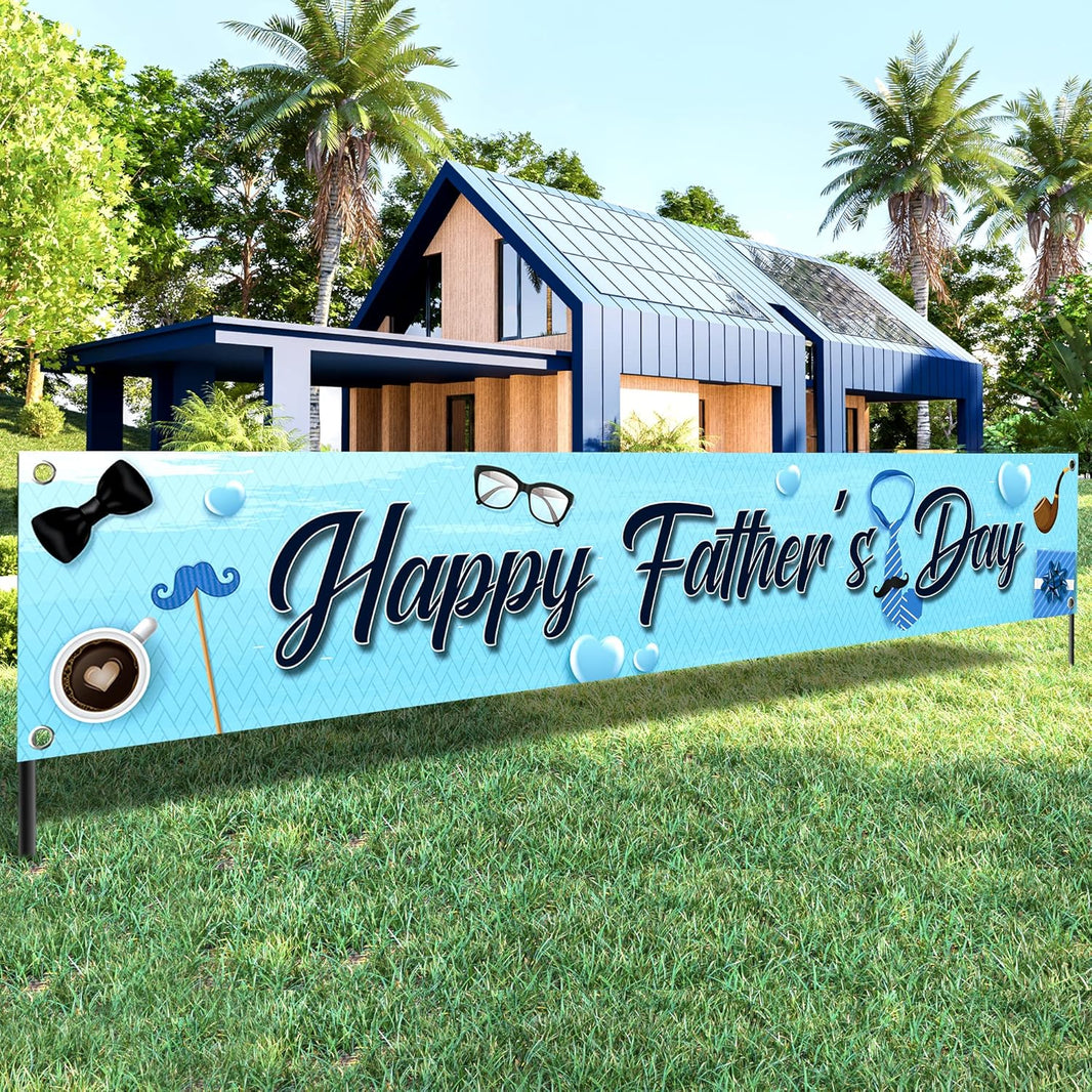 KatchOn, Happy Fathers Day Banner - XtraLarge, 120x20 Inch | Happy Fathers Day Yard Banner, Happy Fathers Day Decorations for Party | Happy Fathers Day Backdrop, Blue Father's Day Decorations Outside