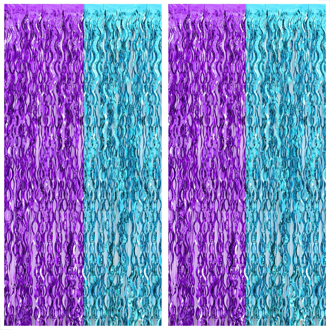 KatchOn, Large Wavy Purple and Blue Fringe Curtain - Pack of 2 | Mermaid Birthday Decorations, Beach Party Decorations | Purple and Blue Foil Fringe for Under The Sea Party Decorations