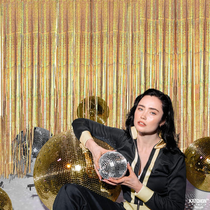 KatchOn, Champagne Gold Fringe Curtain Backdrop - Large, 3.2x8 Feet, Pack of 2 | Champagne Gold Foil Fringe Curtain Backdrop | Golden Birthday Party Decoration | Graduation Party Decoration Backdrop