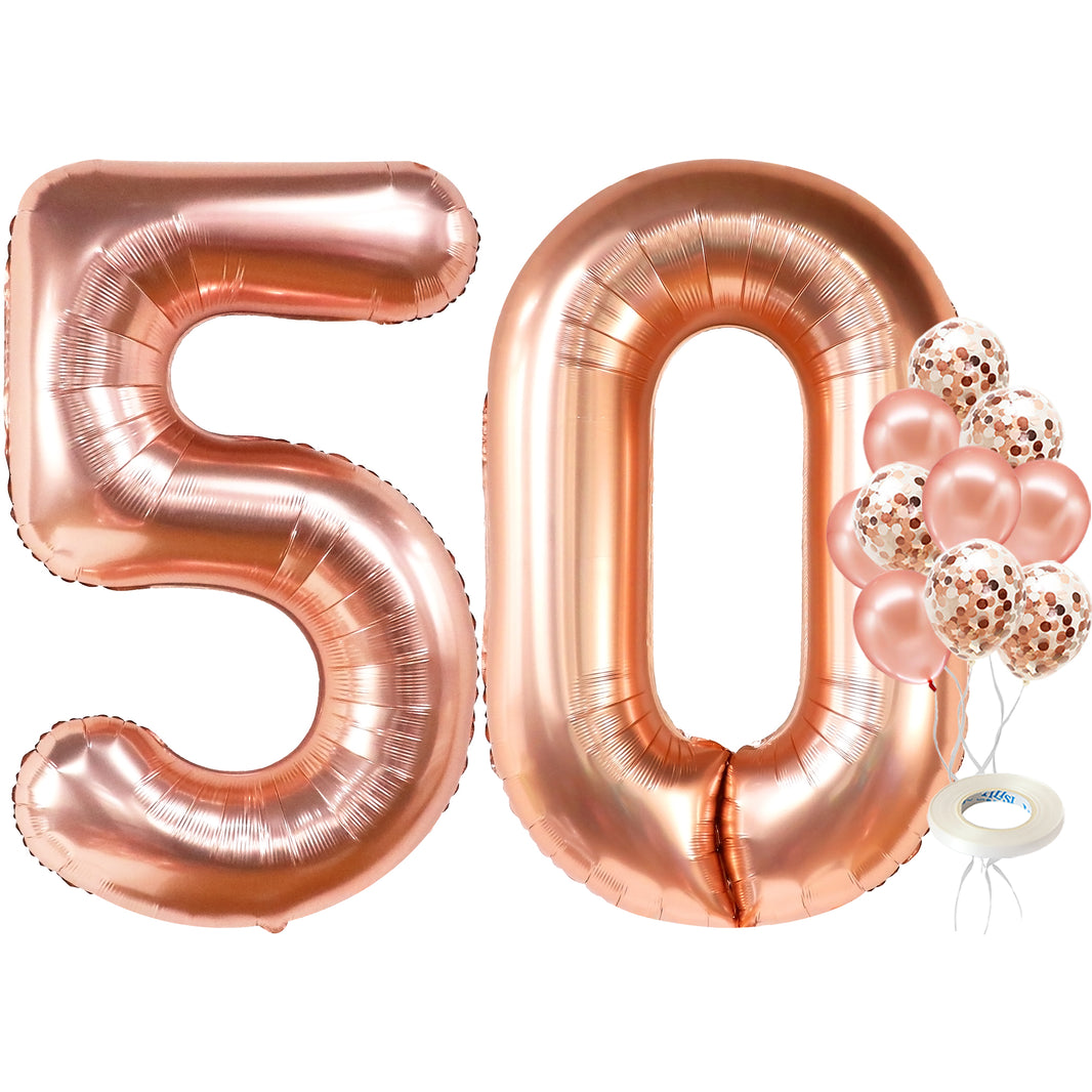 KatchOn, Giant Rose Gold 50th Birthday Balloons - 40 Inch | 50 Balloon Number, Confetti Balloons | 50 Birthday Balloons for 50 and Fabulous Birthday Decorations | 50th Birthday Decorations for Women