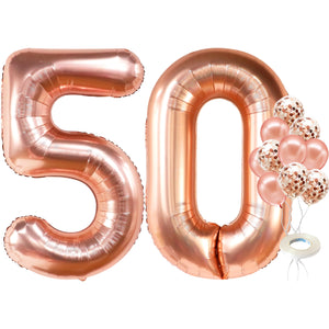 KatchOn, Giant Rose Gold 50th Birthday Balloons - 40 Inch | 50 Balloon Number, Confetti Balloons | 50 Birthday Balloons for 50 and Fabulous Birthday Decorations | 50th Birthday Decorations for Women