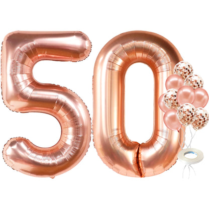 KatchOn, Giant Rose Gold 50th Birthday Balloons - 40 Inch | 50 Balloon Number, Confetti Balloons | 50 Birthday Balloons for 50 and Fabulous Birthday Decorations | 50th Birthday Decorations for Women