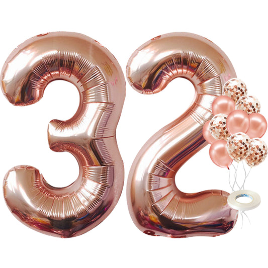 KatchOn, Giant Rose Gold 32 Balloon Numbers - 40 Inch, Pack of 12 | 32 Birthday Decorations for Women with Confetti | 32 Number Balloons, 32nd Birthday Decorations for Women | 32 Birthday Balloons