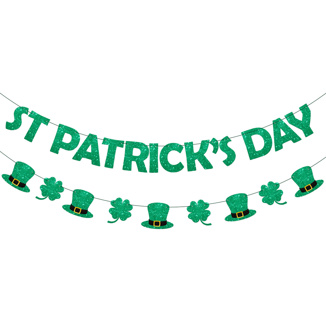 KatchOn, Pre-Strung Glitter St Patricks Day Banner - 10 Feet, 2 Strings | St Paddys Day Decorations | St Patricks Day Garland for St Patricks Day Decorations | Shamrock Garland, Shamrock Decorations