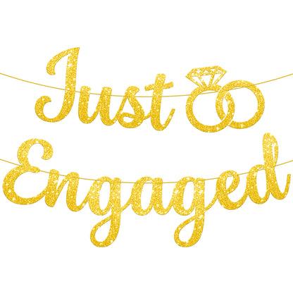 KatchOn, Glitter Gold Just Engaged Banner - 10 Feet, Pre-Strung No DIY | Engagement Banner for Just Engaged Decorations | Engagement Party Decorations | Just Engaged Sign | Engagement Decorations