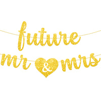 KatchOn, Gold Glitter Future Mr & Mrs Banner - 10 Feet, Pre-Strung, No DIY | Future Mr and Mrs Banner | Engagement Party Decorations | Mr And Mrs Sign for Wedding Decorations | Bachelorette Party