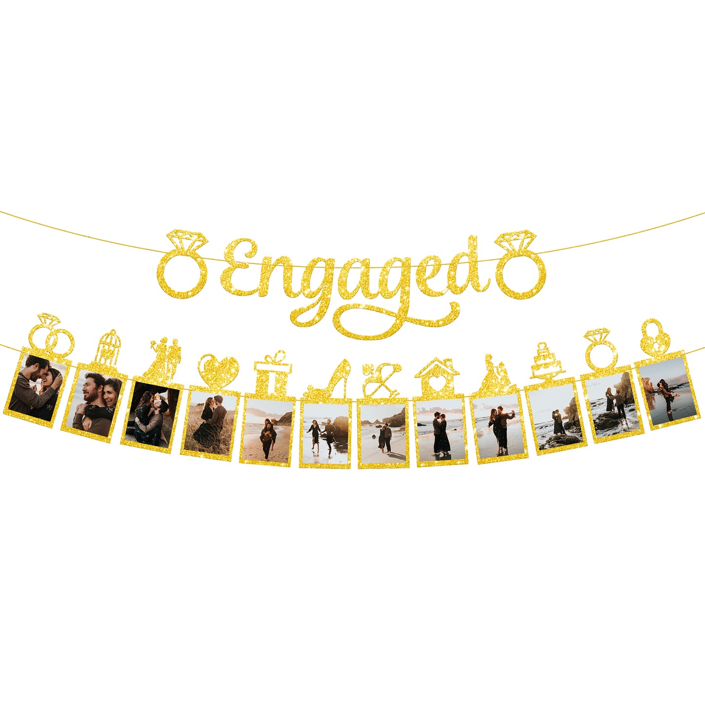 KatchOn, Pre-Strung, Gold Glitter Engaged Photo Banner - 2 String, 10 Feet, No DIY | Gold Engagement Party Decorations | Congrats On Engagement Banner for Bachelorette Party Decorations, Wedding Décor