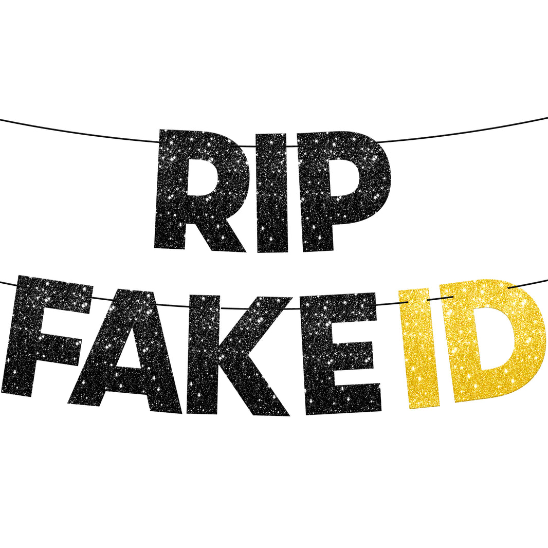 KatchOn, RIP Fake ID Banner Black and Gold - Glitter, 10 Feet, No DIY | Finally 21 Banner, Golden 21st Birthday Decorations | GoodBye Fake Id | 21st Birthday Banner, 21st Birthday Decorations For Men